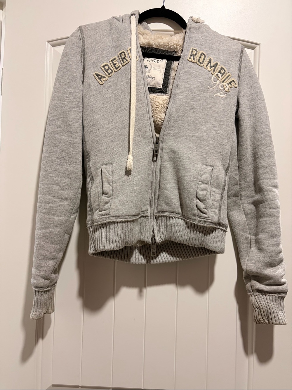 Abercrombie & Fitch Light Gray Sherpa-Lined Bomber Hoodie